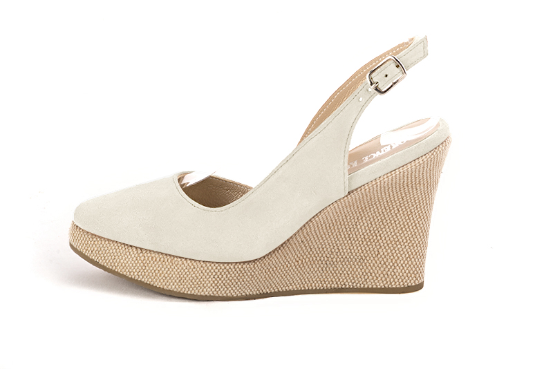 Off white women's slingback shoes. Round toe. Very high wedge soles. Profile view - Florence KOOIJMAN